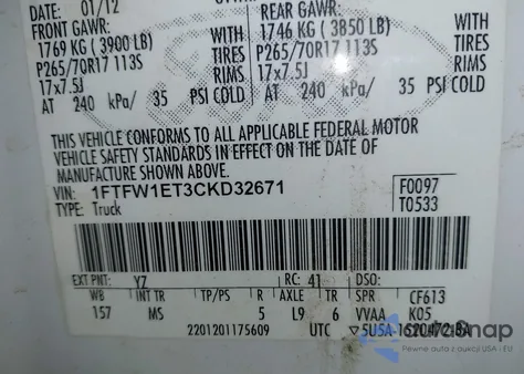 2012 Ford F-150 Xlt from USA, damaged, VIN 1FTFW1ET3CKD32671